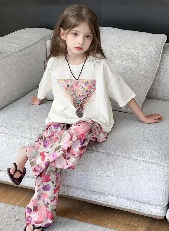 Take Two Girls Graphic Print T-Shirt and Wide Leg Pants Set